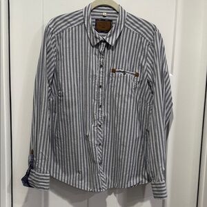Orvis Gray and White Striped Women’s shirt with leather accents.